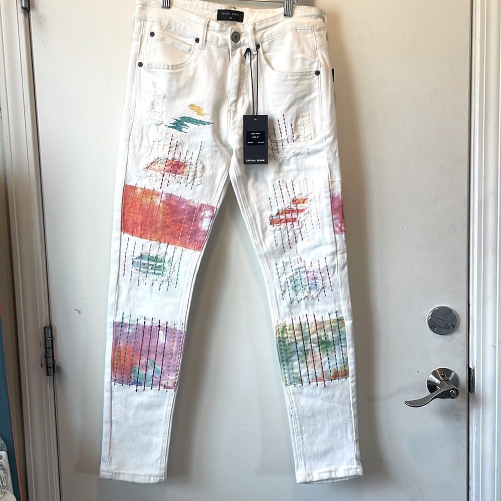 Capital CPTL Denim Drip Trip White Jeans size 30 NWT rare Men’s Pants 2% Spandex